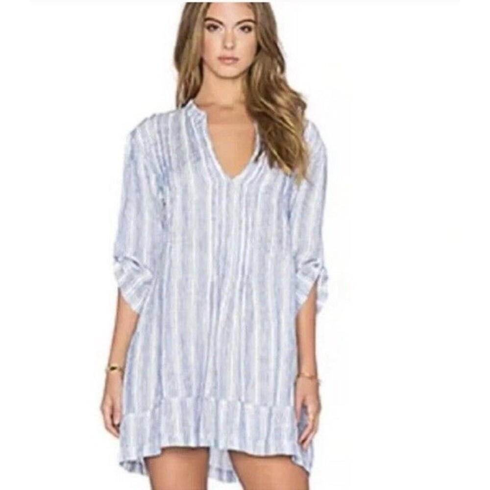 CP SHADES Women's Regina Tunic Dress Blue White Stripe Pintuck Tab Sleeve XS
